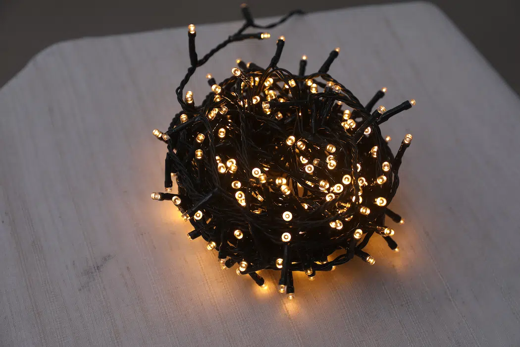 String lights with dark green warm light